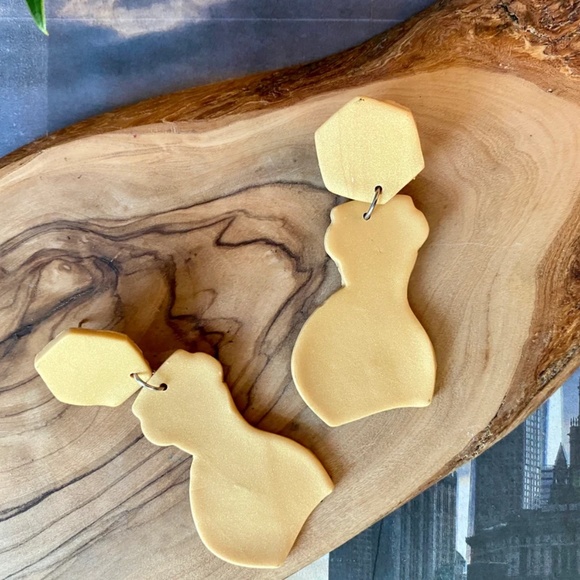 Handmade Clay Earrings | Forms of a Woman Silhouette | Yellow w/ Hexagon Stud - Picture 2 of 7